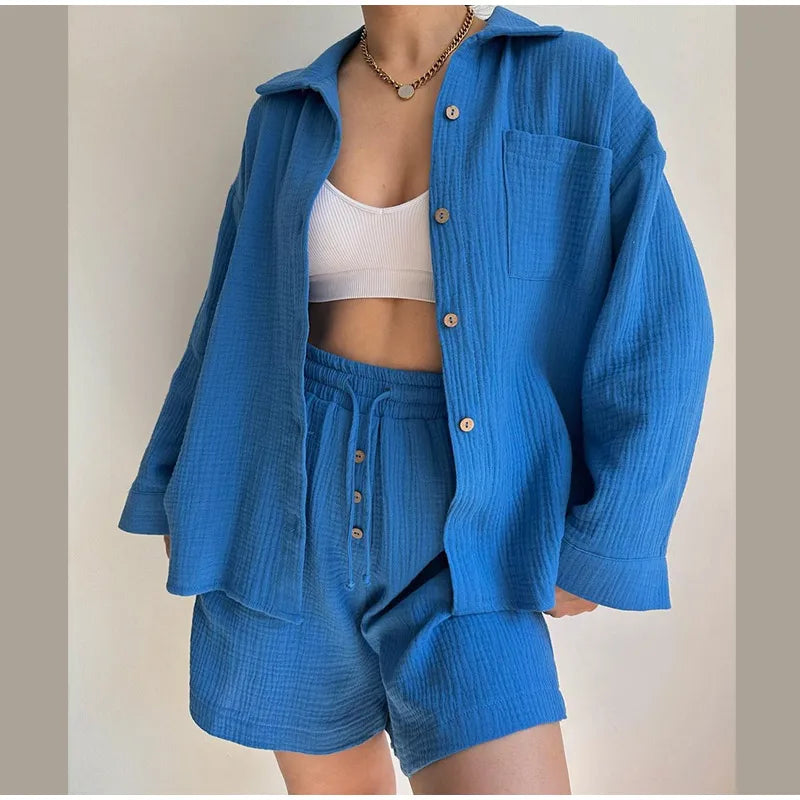 Classic Solid Shirt Pants Set Women Casual Loose Long Sleeved Lapel Elastic Waist Two Piece Suit 2025 New Summer Street Outfit