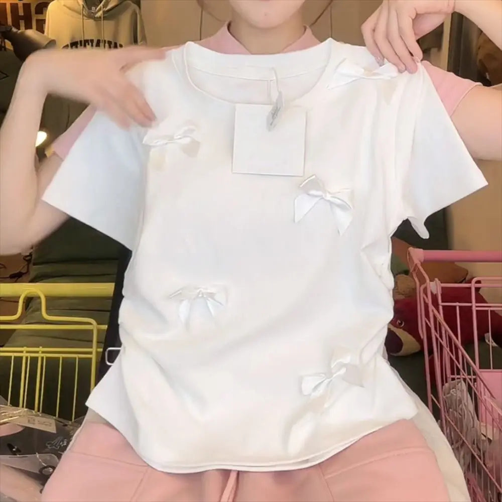 Elegant Ballet Bowknot T Shirts Round Collar Japanese Style Women Top Solid Color Short Sleeve Ribbon Crop Tank Top Women Girl
