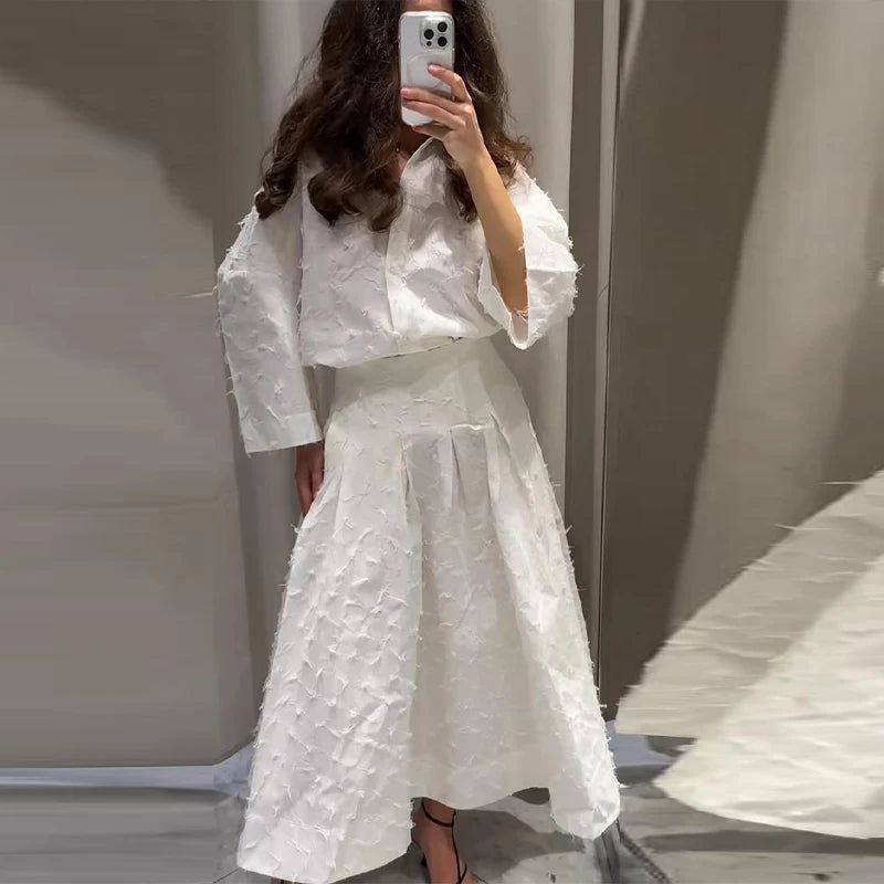 Elegant Shirt Skirt Set Women Lapel Long Sleeve Loose T-shirt High Waist Pleated Long Skirts Suits 2025 Summer Street Lady Sets