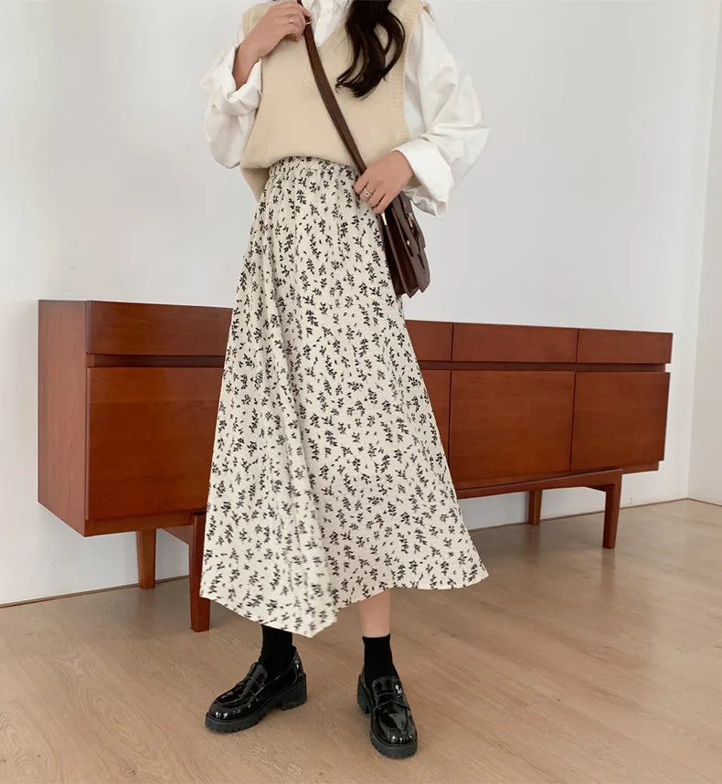 Vintage Floral Print A-line Pleated Long Skirts Summer Women 2024 Korean Skirt Streetwear Drawstring Elastic Waist Midi Skirt