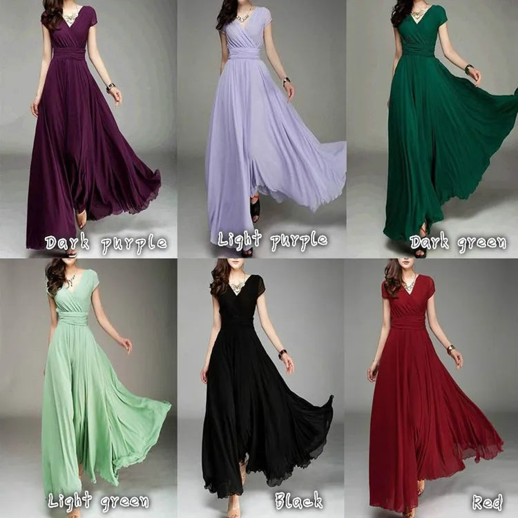 Women's Short-Sleeved Chiffon Evening Dress, Female Party Dress, Monochromatic, Bohemian, Long, Elegant, New, 2022