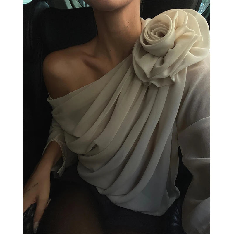 WhereMery Sexy Irregular Oblique-neck Flower Applique T Shirt Summer Off Shoulder Fashion Long Sleeve Crop Tops Street Mesh Tees