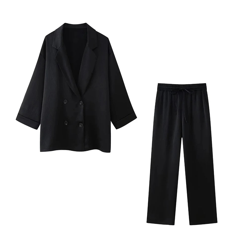 TRZA-Women's Double-Breasted Loose Blazer Coat and High Elastic Waist Wide Leg Pants, Female Two Piece Sets, Fashion