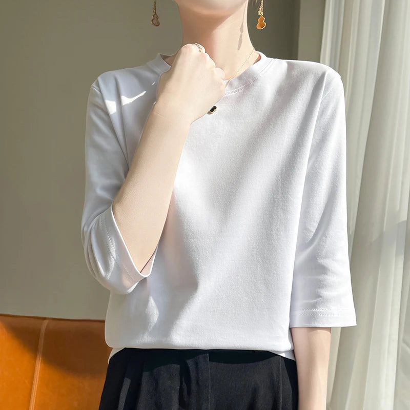 Spring And Summer New White Mercerized Cotton Short Sleeve T-Shirt Feminine Joker Cotton Cropped Sleeve Bottoming Shirt