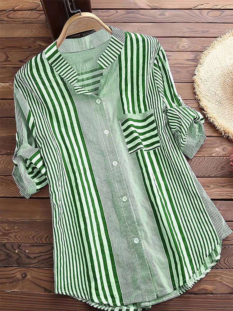Women's Spring Fall Cotton Linen Long Sleeves Roll Up Striped Casual V Neck Button Down Shirts Blouses Collar Tunic Tops