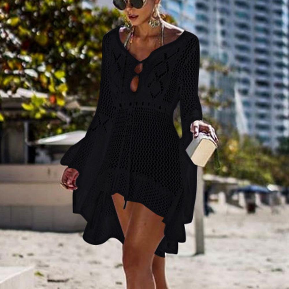 Sexy Women’s Bathing Suit Beach Cover Up Hollow Out Knitted Women Flared Sleeves Solid Color Beach Dress saida de praia