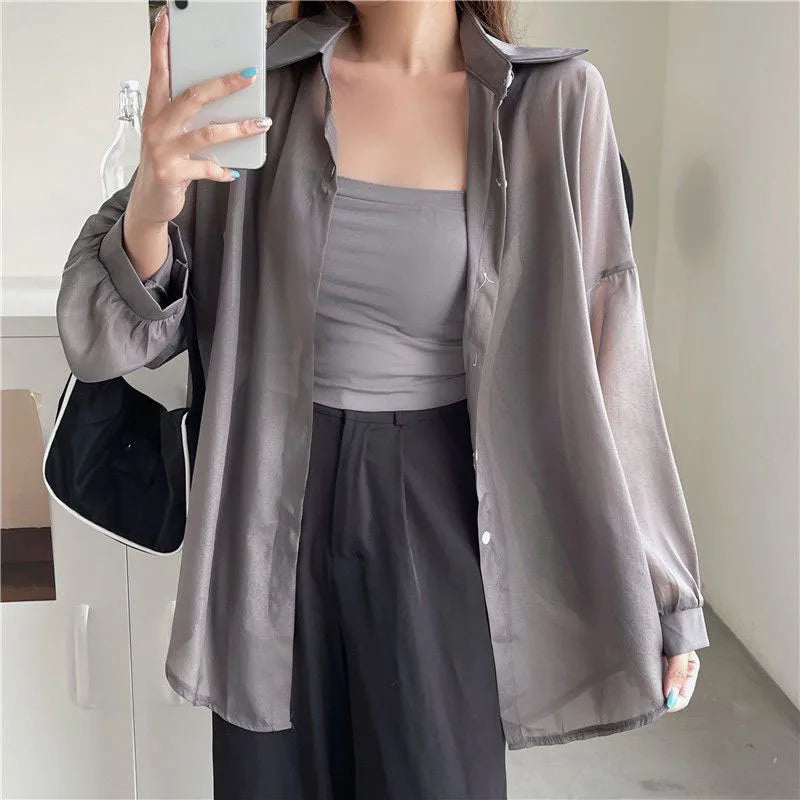 Xpqbb Women's White Chiffon Shirt Sheer Thin Long Sleeve Sun Protection Blouse Woman Casual Loose Simple Single-breasted Shirts