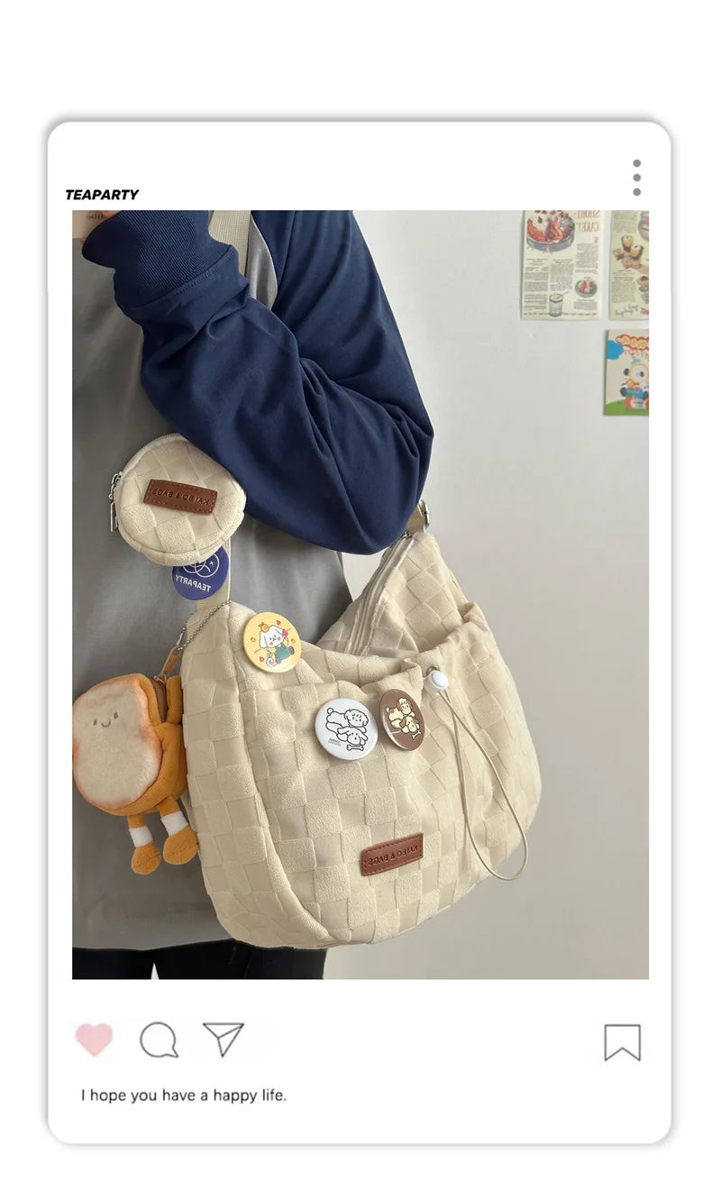 Xiuya Harajuku Style College Crossbody Bag Solid Color Plaid Print Large Capacity Shoulder Bag New Cute Fashion Designer Handbag