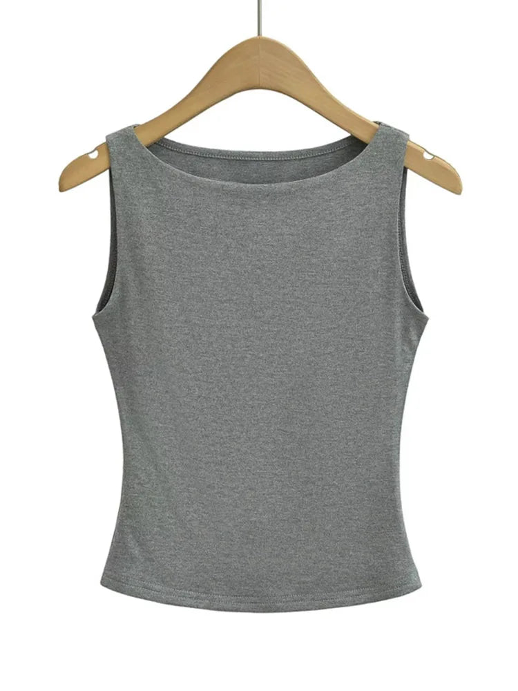 Women Double Layer Boat Neck Soft Slinky Tank Top