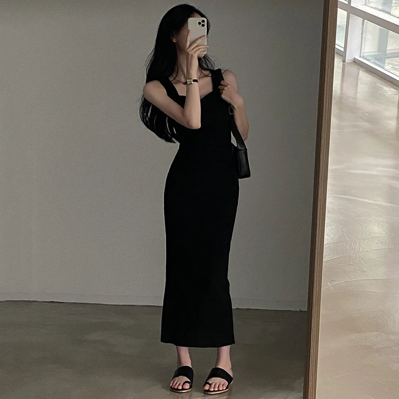 CIBBAR Basic Knit Long Dress Korean Fashion Square Collar Sleeveless Women's Dresses Summer Casual Y2k Vintage All-match Outfits