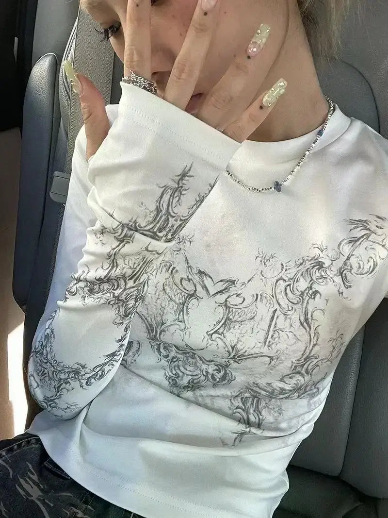 Vintage Women Clothes Y2K T-shirts 2023 Blusas O-neck Long Sleeve Print Tunic Woman Clothing Fashion Casual Crop Tops Shirts