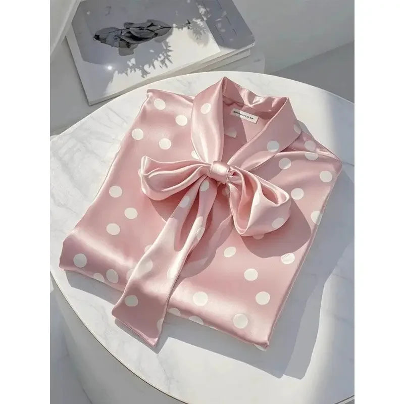 Women High Quality Satin Polka Dot Print Shirt Office Lady Business Casual Elegant Chic Blouse Lace-up Bow Long Sleeve Loose Top