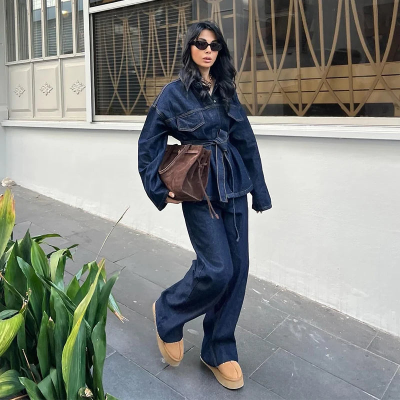 Women Two Pieces Set Denim Pant Sets Single Breasted Long Sleeve Belt Coat Wide Leg Trousers Jeans Female 2 Pieces Outfits
