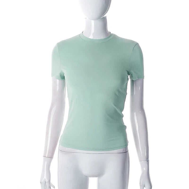 2025 Spring New Short Sleeve T-Shirt Women Solid Simple Casual Soft All-Match Hot Basic Crop Tops Tees Summer Fashion