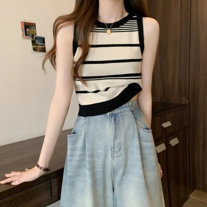 Knitted striped camisole women's summer outer wear French off-shoulder short sleeveless top versatile and trendy