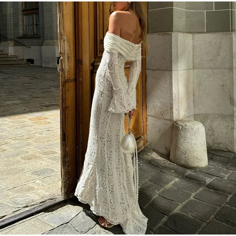 Elegant Cut Out Flared Long Sleeve Maxi Dress Women's Lace Up Hollow Out Off Shoulder Bodycon Vestidos 2025 Lady Outwear Vestido