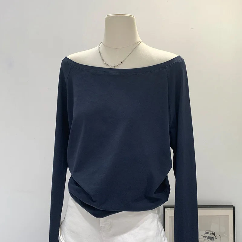 Autumn Winter One Shoulder Cotton Long Sleeve Slant Shoulder Women's Clothing Style Interior Wide Truffle Shoulder Base Shirt