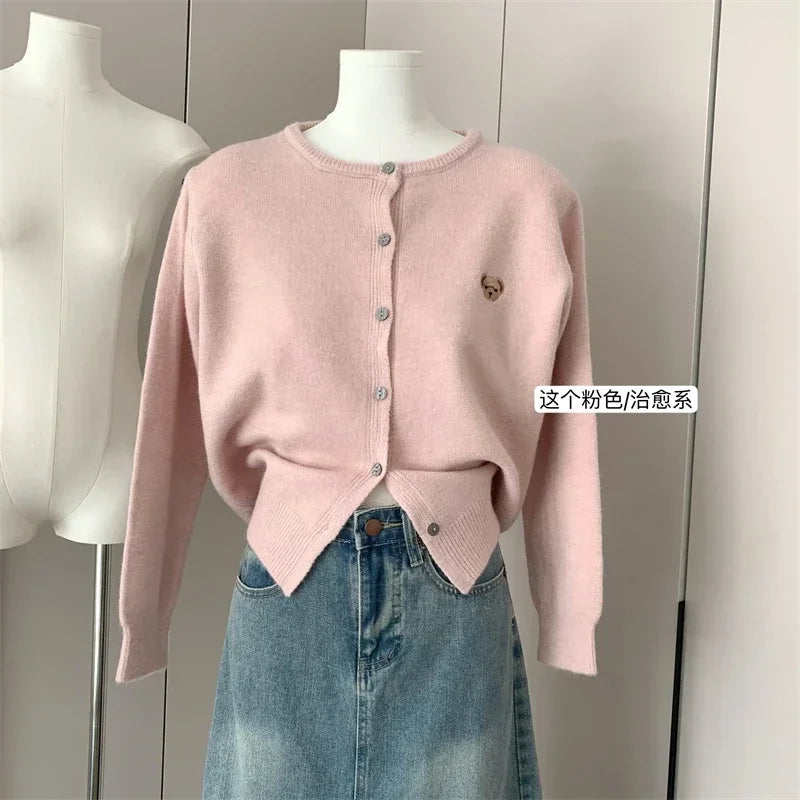 Yaminiya Autumn 2024 O-Neck Knit Sweater Sweet Cartoon Embroidery Casual Tops Japanese Fashion Single Breasted Cardigan Harajuku