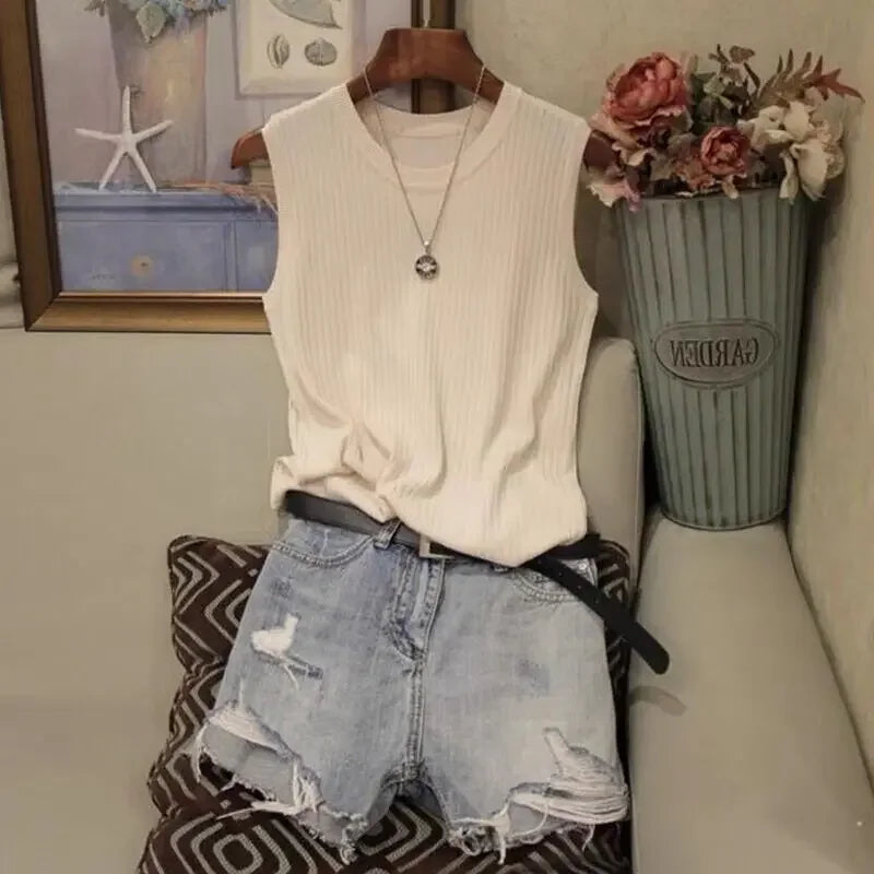 Korea Knitted Vests Women Top Summer Sleeveless Blouse Women O-neck Knitted Blouse Shirt Clothes Women Tops