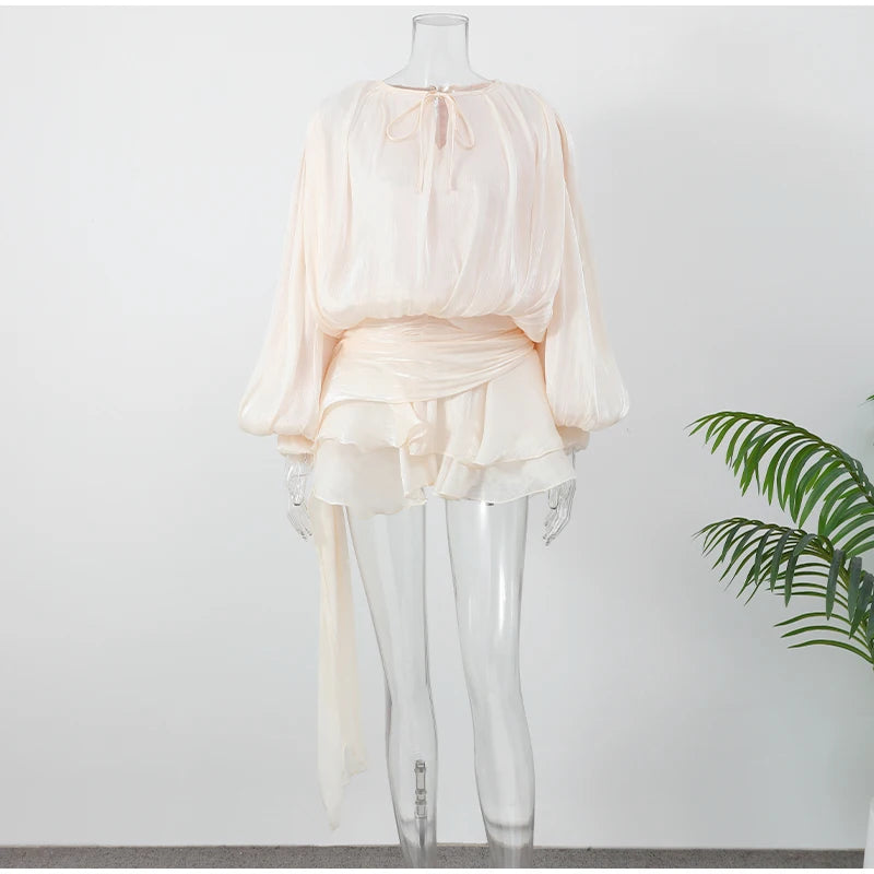 Elegant Ruffles Shiny Mini Dresses Fashion Solid Long Sleeve Lace Up V Neck Pleated Dress New Summer Party Women's Vestidos 2025