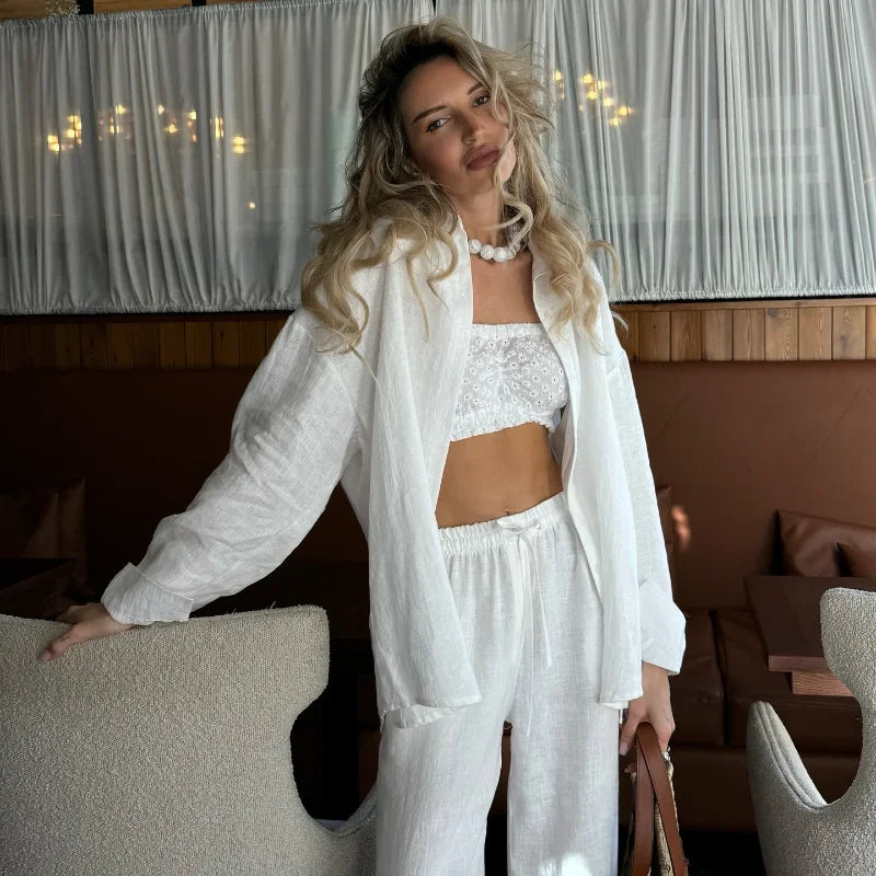 Classic Solid Shirt Pants Set Women Casual Loose Long Sleeved Lapel Elastic Waist Two Piece Suit 2025 New Summer Street Outfit