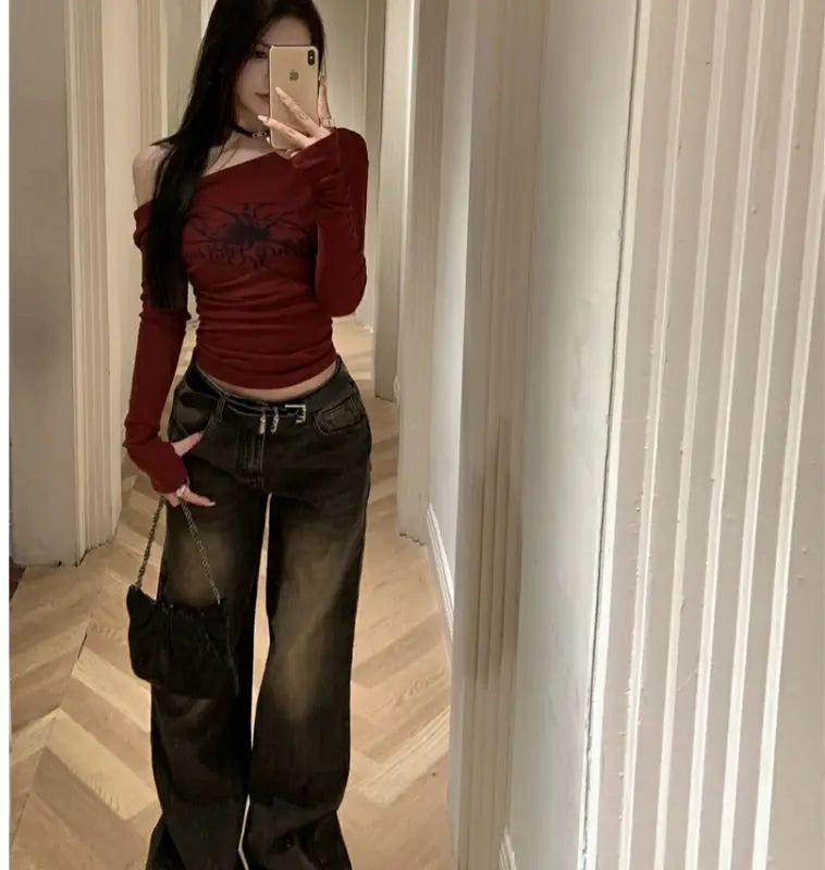 Women Y2K Gothic Grunge T Shirts Off Shoulder 2023 Autumn Streetwear Fairycore Hip Hop Tops Punk Casual Tees Female Clothes