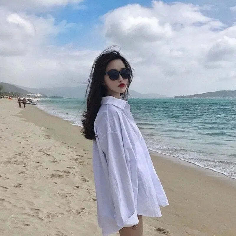 Minimalist Oversize Full Sleeve Women Basic Black Shirt Button Up Blouse Turn Down Collar BF Long Shirts Autumn Cardigan Tops