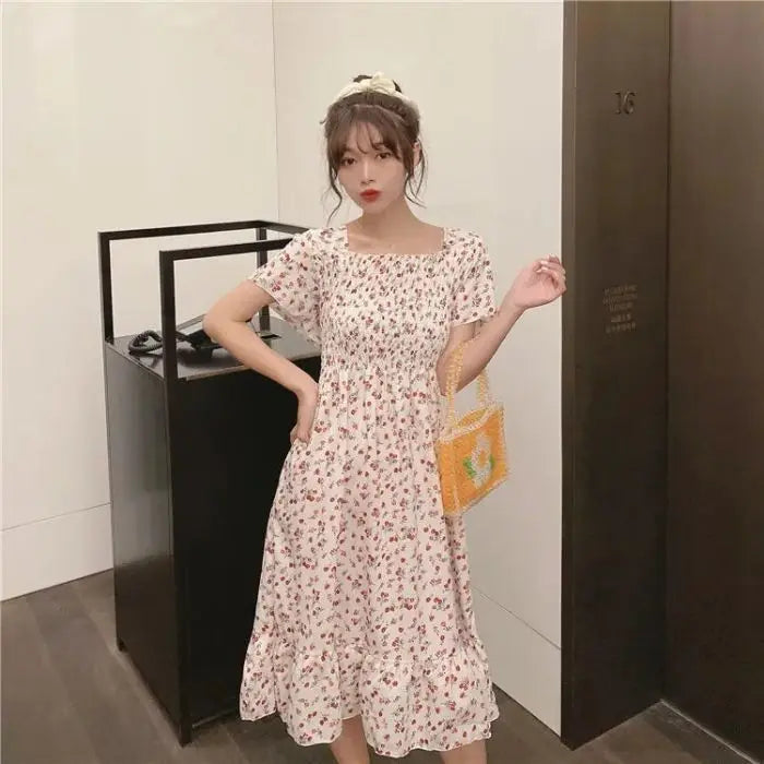 2025 New Spring Summer Dress Women Mini Dresses Female Short Sleeve Elastic Bust Printed Floral Pleated Backless Casual Dress