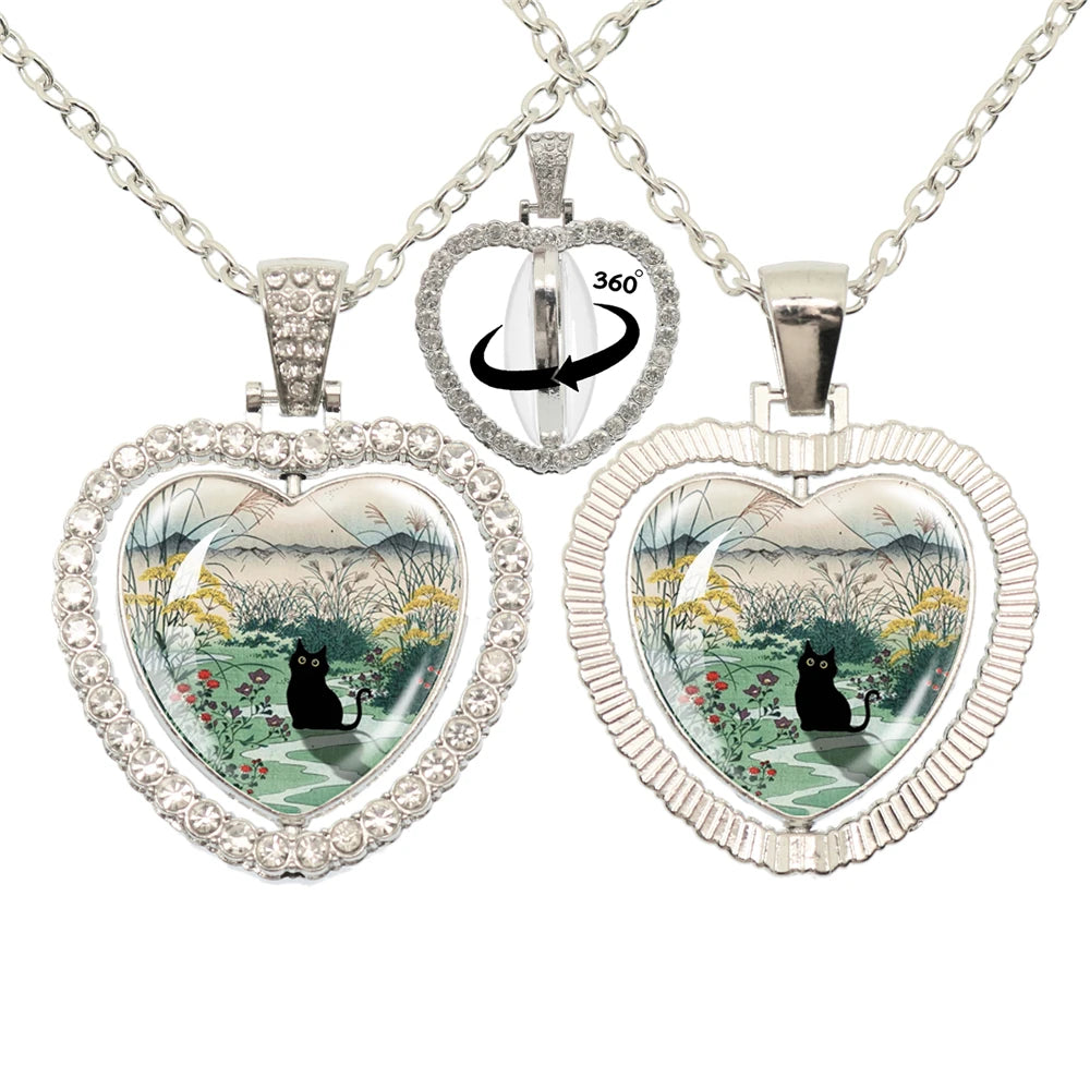 Lovely Little Cat Glass Cabochon 360 Degree Rotating Heart Shaped Pendant With Double-Sided Necklace For Girls' Birthday Gift Je