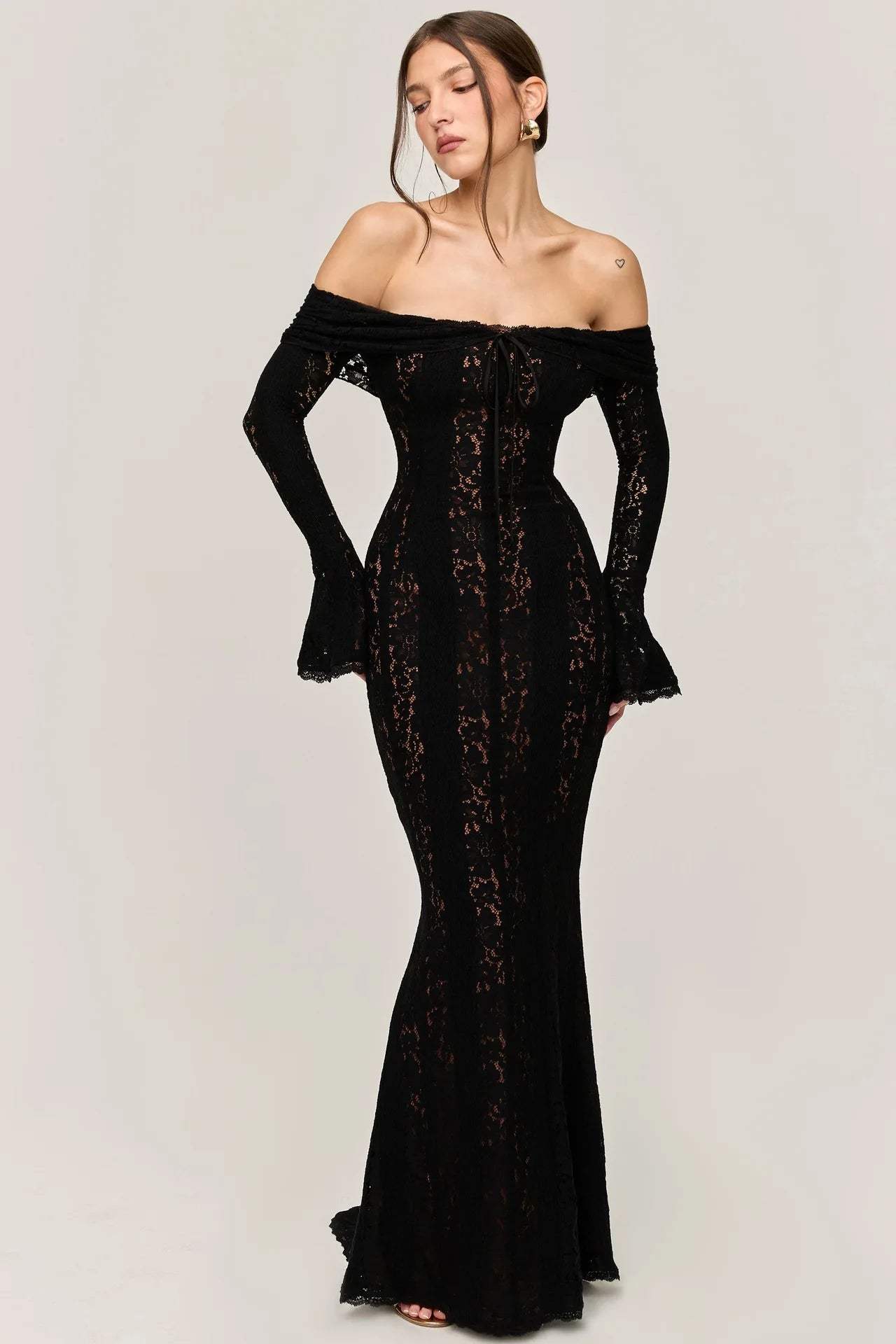 Elegant Cut Out Flared Long Sleeve Maxi Dress Women's Lace Up Hollow Out Off Shoulder Bodycon Vestidos 2025 Lady Outwear Vestido