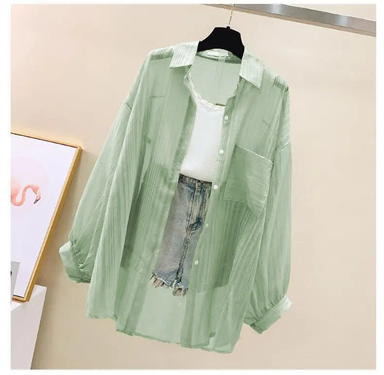 Summer sunscreen chiffon blouse Korean Harajuku style loose casual women's cardigan elegantly perforated top sheer fashionable