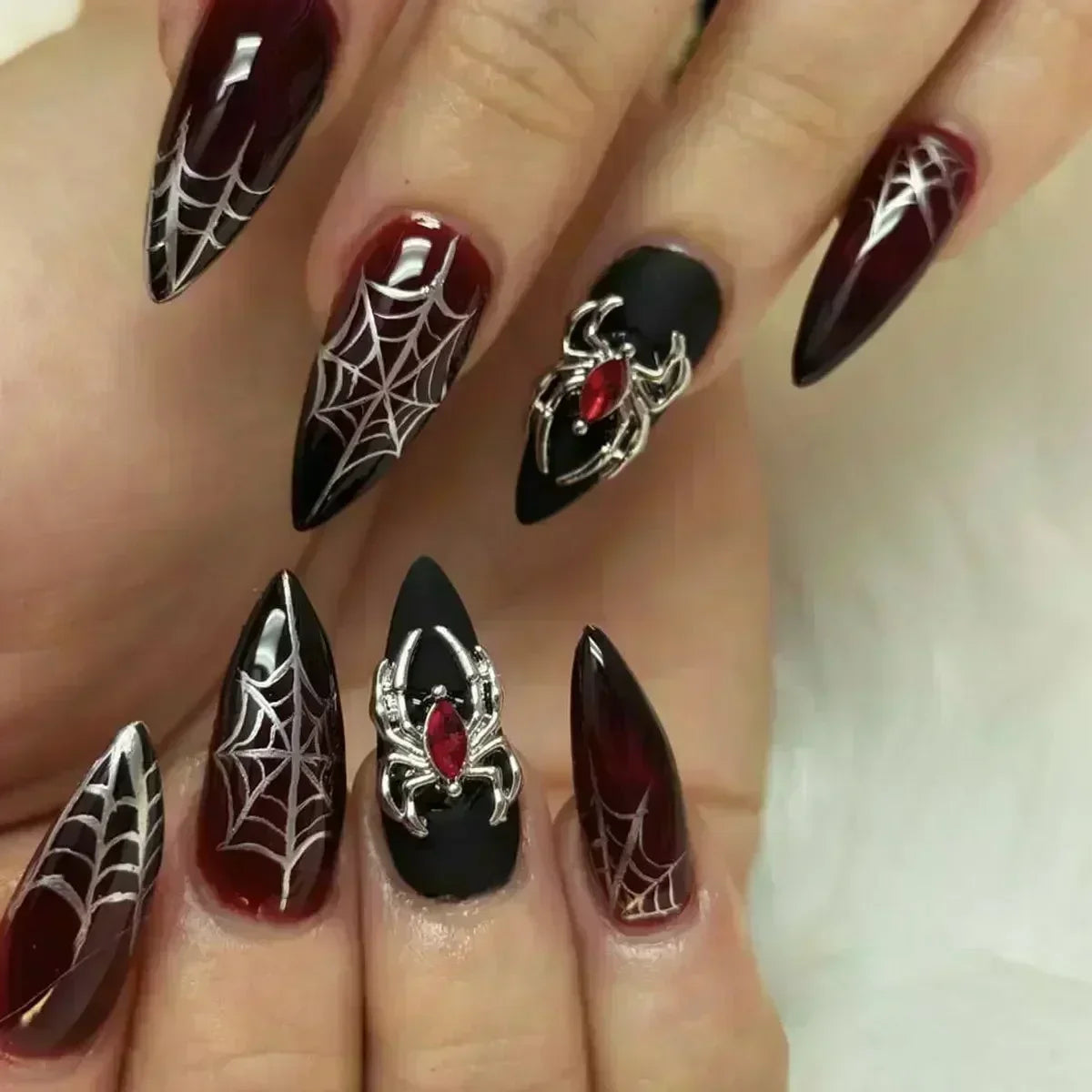 24Pcs False Nails Spicy Girl Silver Bow with Diamond Fake Nails with Glue Almond Press on Nails Black Cool Y2k Almond Nail Set