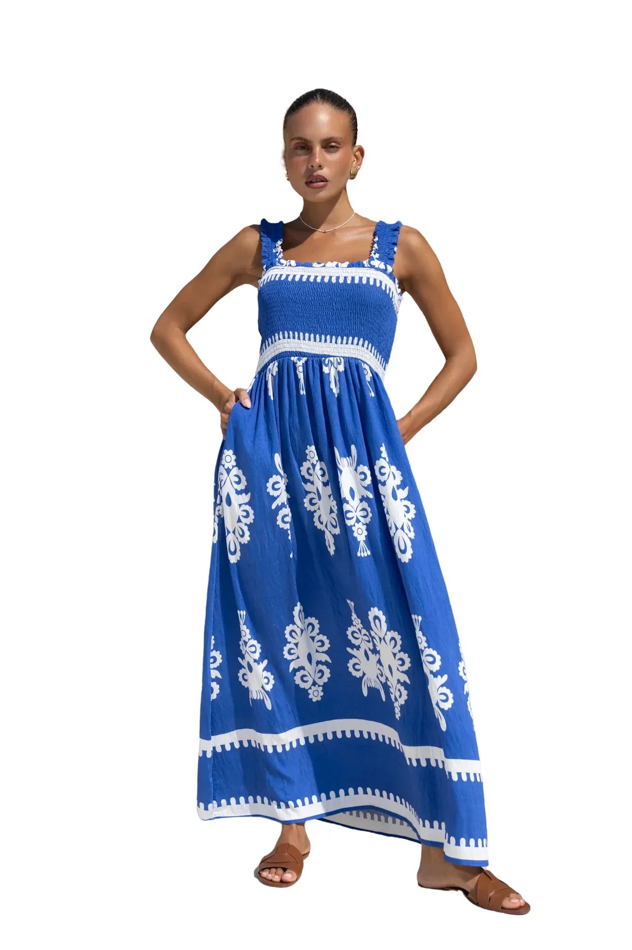 2025 Summer Fashion New Women's Bohemian Style Dress Beach Vacation Printed Strap Fold A-line Length Dress