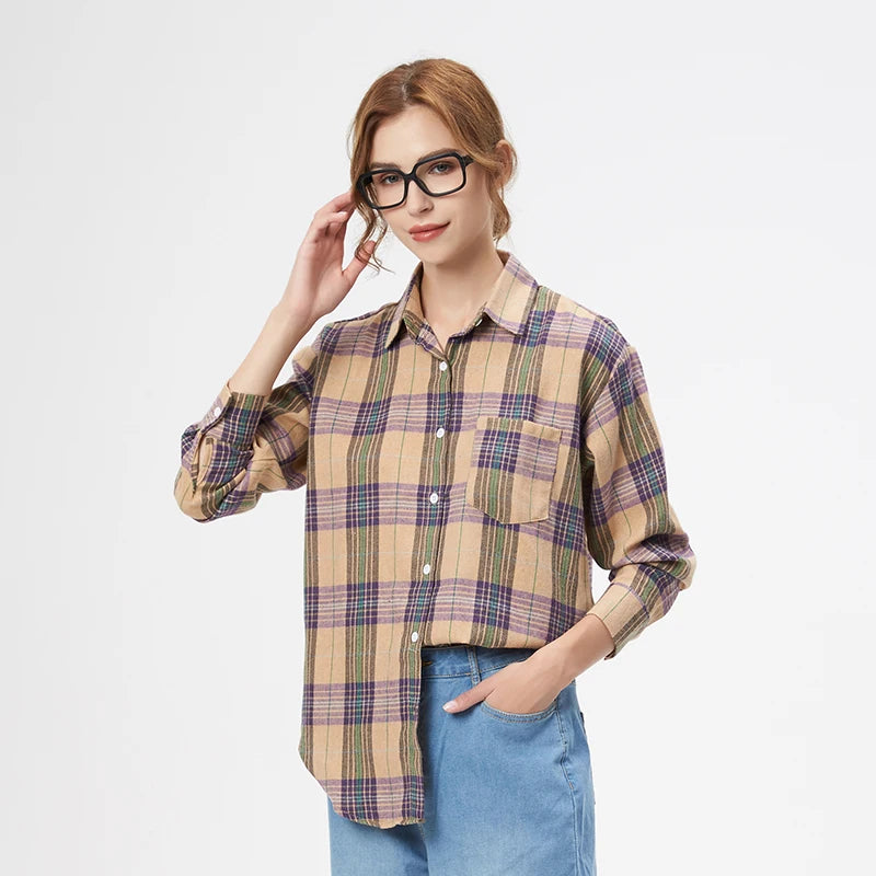 2025 New Fashion Loose Womens Plaid Shirt Fresh College Style Design Blouses And Tops Long Sleeve Casual Female Checked Clothes