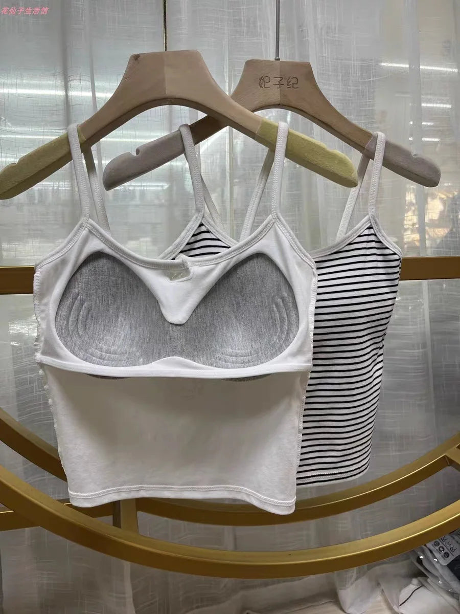 White Stripe Small Cami Women Autumn Gyaru Sexy Button Slim fit Short With Chest Pad Top NS5861