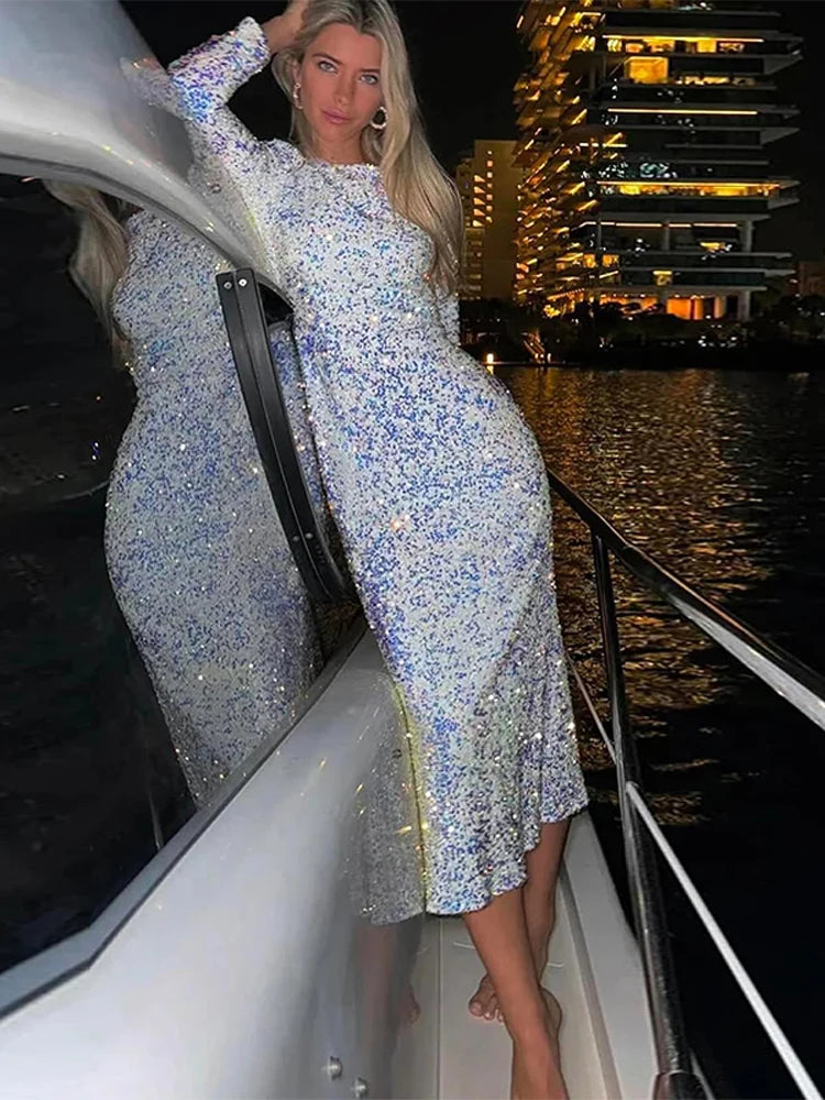 Elegant Sequin Printed Maxi Dresses Women's 2025 Summer Party Gowns Long Sleeve High Waist Slim Round Neck Lady Evening Dress