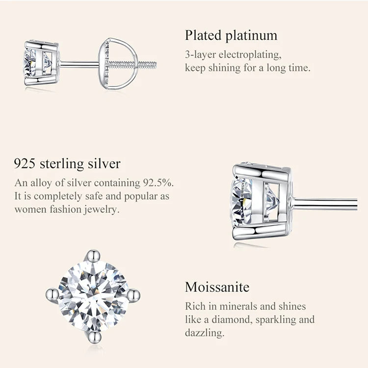 Bamoer 0.5-1ct Moissanite Screw Back Earrings for Women, D Color VVS1 Clarity Lab Created Diamond Earring White Gold Earrings