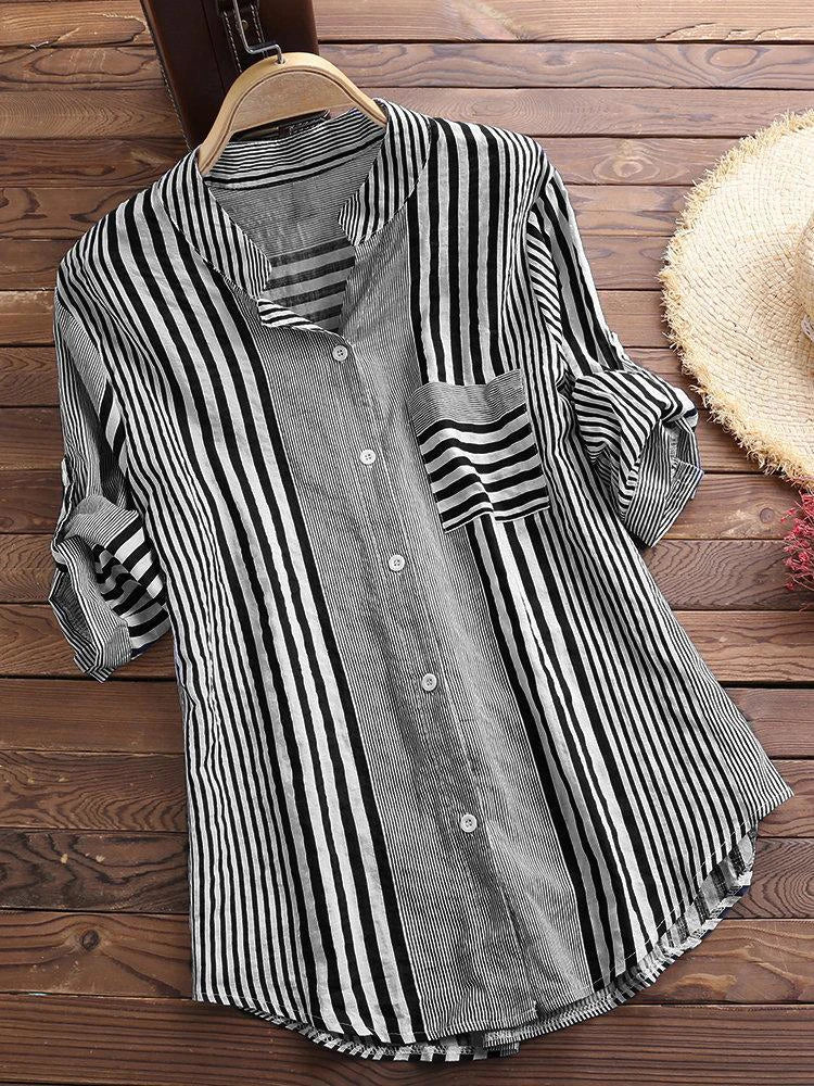 Women's Spring Fall Cotton Linen Long Sleeves Roll Up Striped Casual V Neck Button Down Shirts Blouses Collar Tunic Tops