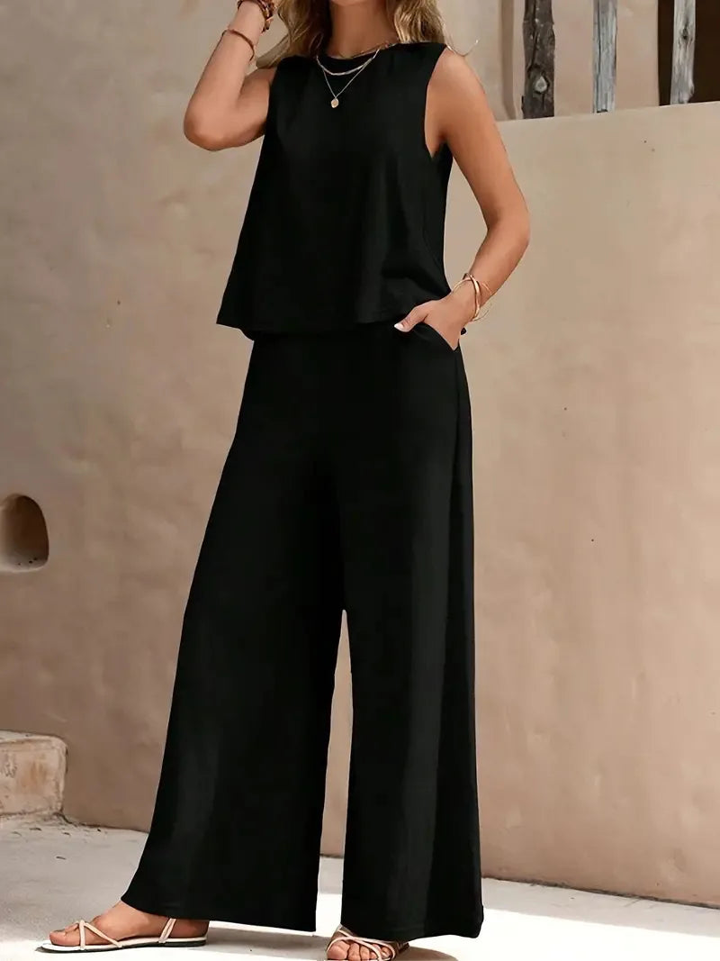 QX Womens Sleeveless Summer 2025 Pants Suit Flash Sale Solid Color Elegant Two Piece Round Neck Suit