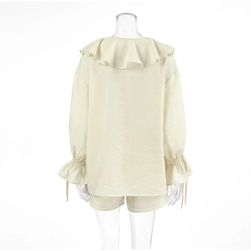 Fashion Solid Women 2 Piece Set Casual Flare Sleeve Lotus Leaf Edge Lace Up Mesh Sheer Shorts Suit 2025 New Lady Commute Outfit