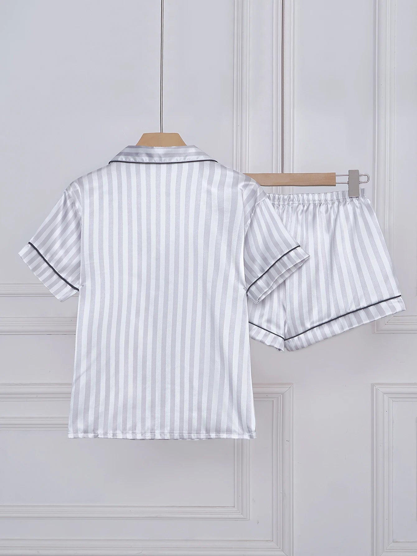 Striped Embroidered Letter Pocket Short Sleeve and Shorts Pajama Set, Casual Satin Sleepwear with Lapel Collar and Button Detail