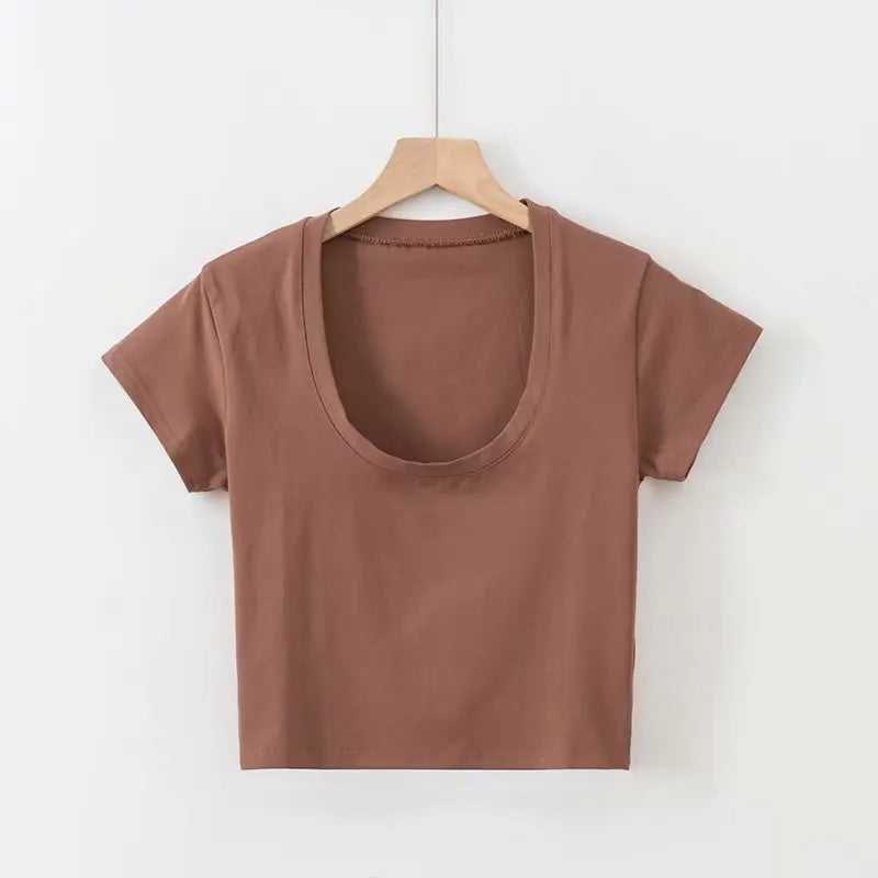 U-Neck Crop Top Solid Color Women Casual High Waist T Shirt Basic Sexy Streetwear Short Sleeve Slimming Tops