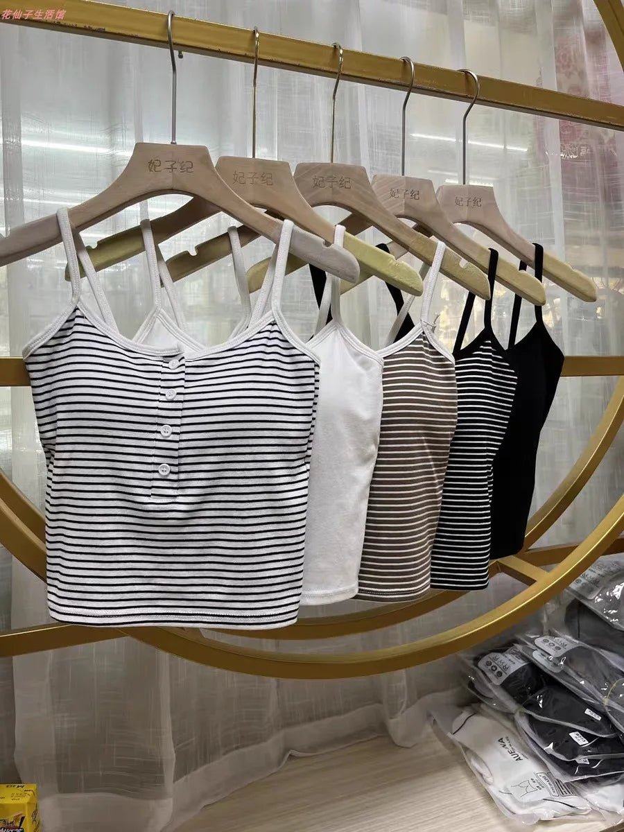 White Stripe Small Cami Women Autumn Gyaru Sexy Button Slim fit Short With Chest Pad Top NS5861