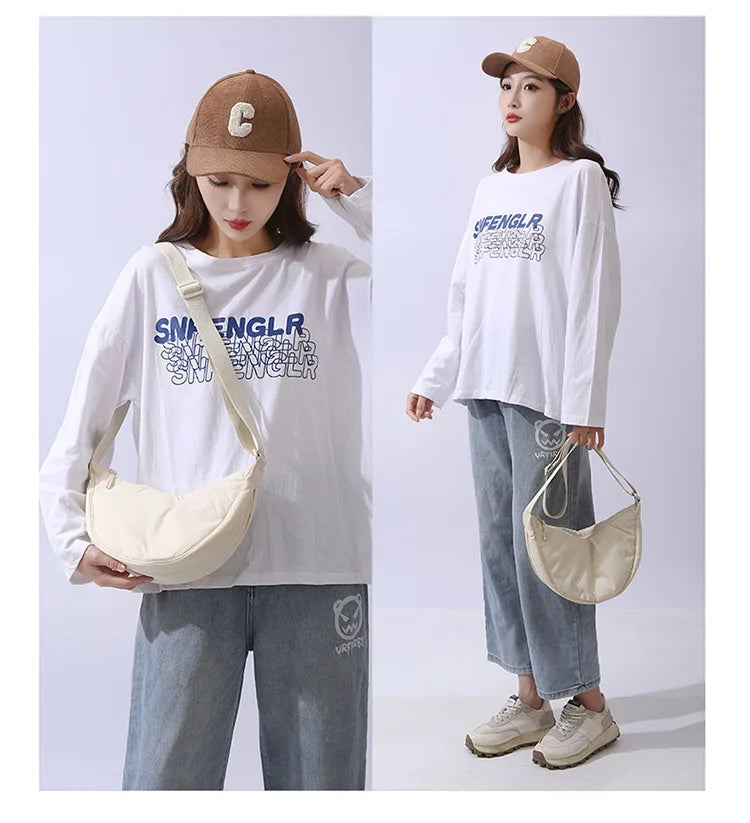 Solid Color Women's Portable Shoulder Bag Simple Female Nylon Cloth Padded Crossbody Bags Travel Purse Handbags Messenger Bag