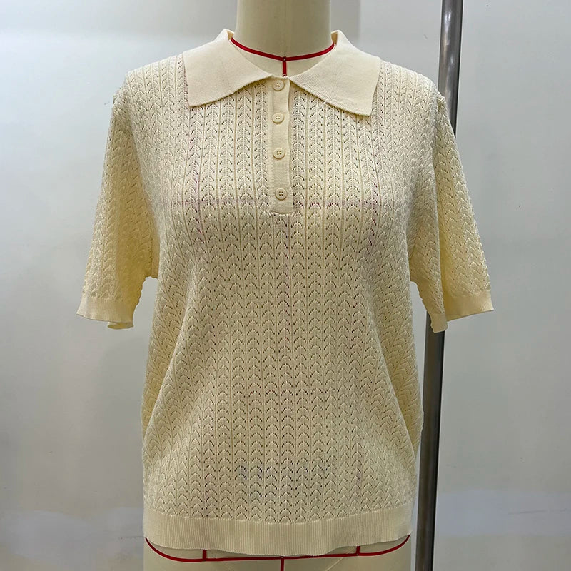Tornova Short Sleeve Knitted T shirt Woman Summer Casual Loose Lapel Solid Ins Hot Tops Pullover Female Sweater T shirt Outwear