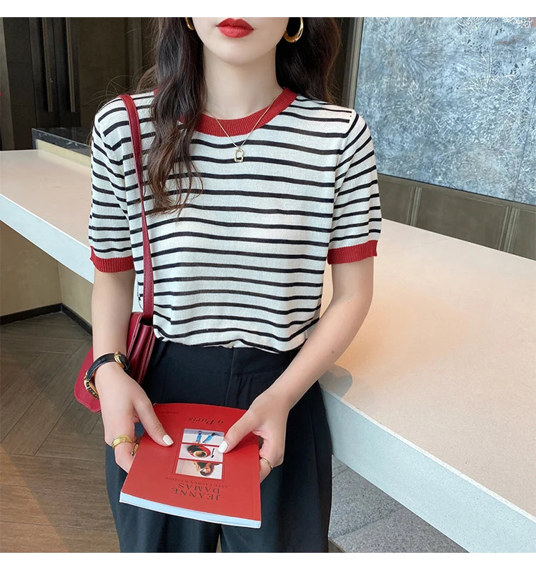2025 Stripe Tops Women Knitted Round Collar Summer Print Short Sleeve Casual Simple Wild T-Shirt