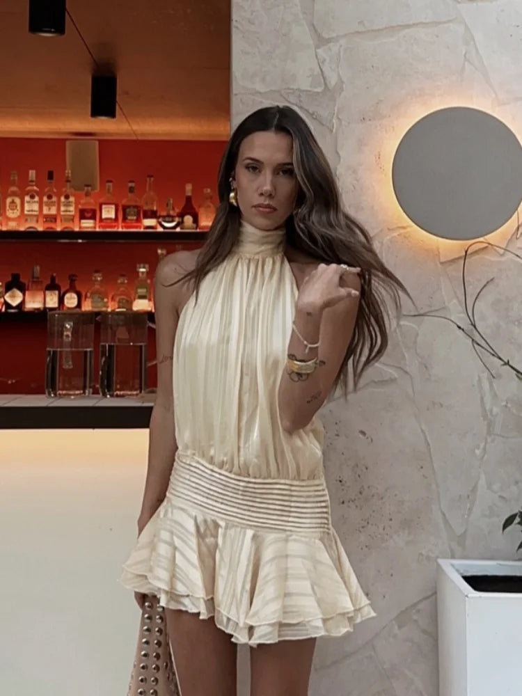 Stunning Shiny Ruffles Lace Up Mini Dress Women's Chic Loose Hollow Out A-line Pleated Vestidos Lady Summer Party Gowns 2025 New