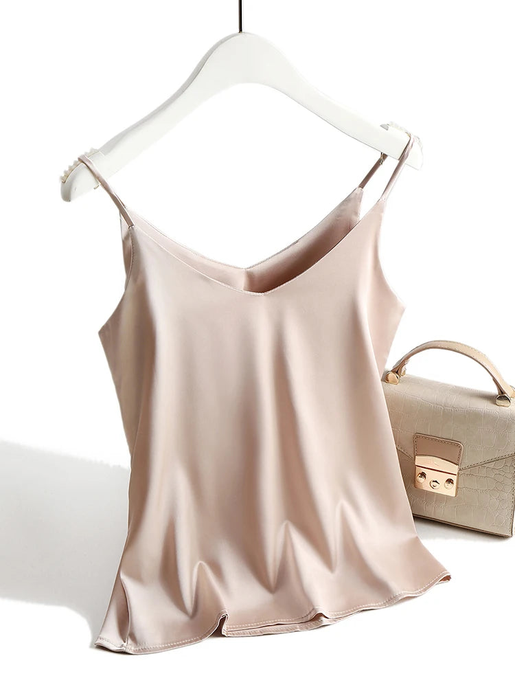 AOSSVIAO 2025 Spaghetti Strap Top Women Halter V Neck Basic White Cami Sleeveless Satin Silk Tank Tops Women'S Summer Camisole
