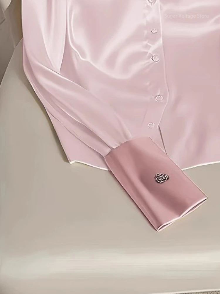 Elegant French Women's Pink/White Satin Shirt Turn-down Collar Long Sleeve Blouse Spring Autumn for Women Casual Office Lady New