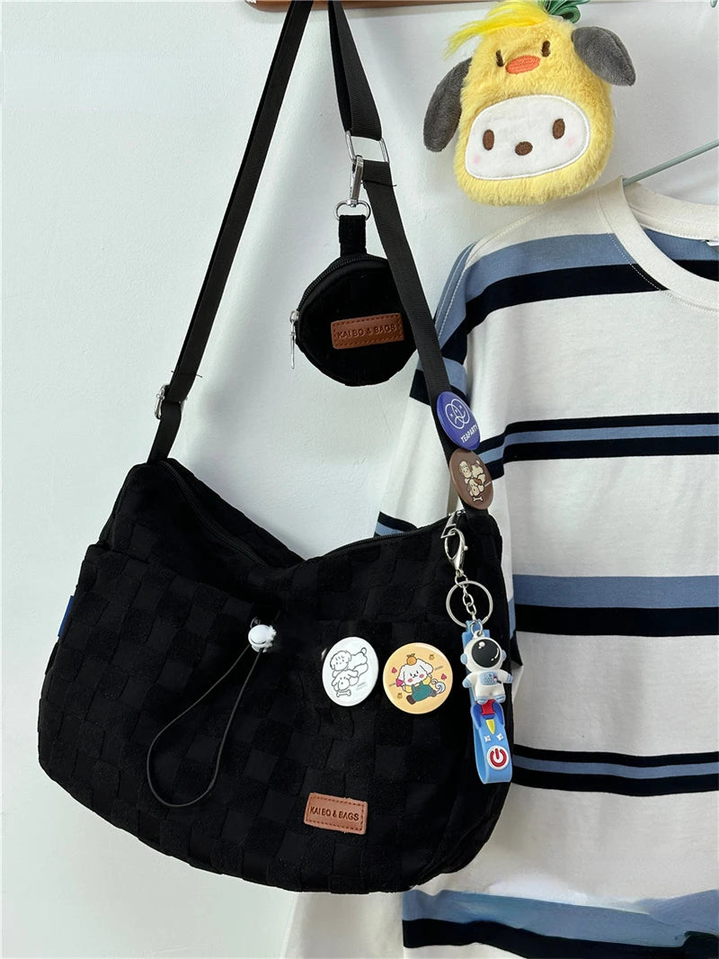 Xiuya Harajuku Style College Crossbody Bag Solid Color Plaid Print Large Capacity Shoulder Bag New Cute Fashion Designer Handbag